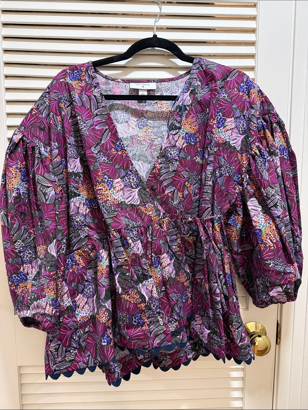 Kika Vargas X Target Purple Floral V-Neck Peplum Blouse with Puff Sleeves